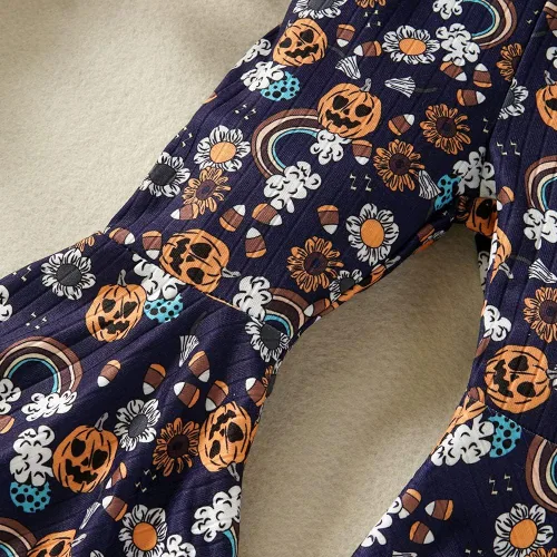 Vista 6 de Ropa de Halloween para bebé niña pequeña, overol de calabaza, pantalones de campana