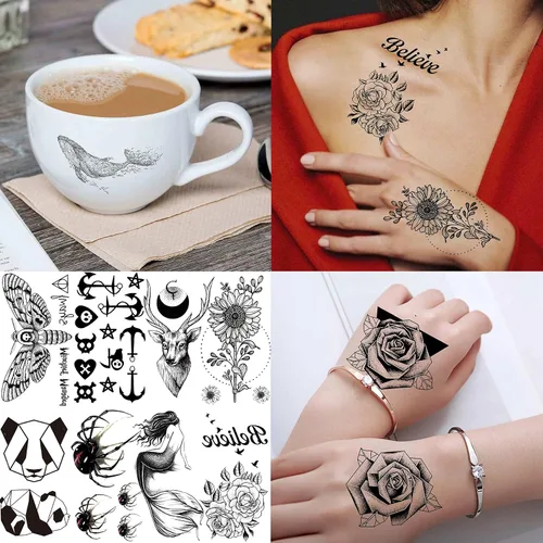 Vista 7 de VANTATY 66 hojas de tatuajes temporales negros pequeños en 3D para mujeres y hombres, impermeables, calcomanías falsas para rostro, cuello, brazo