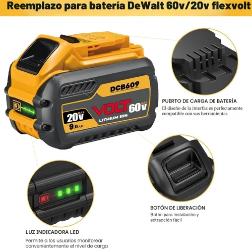 Vista 3 de 60V MAX 9000mAh Reemplazo para batería Dewalt de 60 voltios DCB606 DCB609 DCB612 DCB615 Compatible con herramientas eléctricas originales de 20V/60V