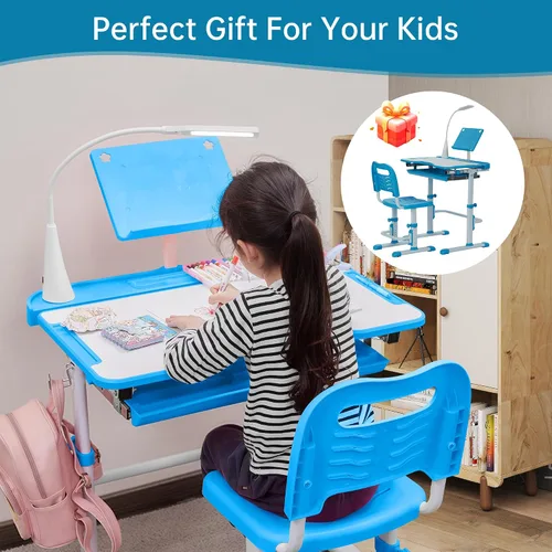 Vista 3 de SMAGREHO Juego de escritorio y silla para niños, mesas de escritura de estudio escolar para niños con altura ajustable con escritorio inclinable