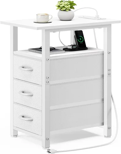 Vista 16 de Vagusicc Mesita de noche negra con estación de carga y luces LED, mesa auxiliar estrecha, mesita de noche LED con 3 cajones de tela para dormitorio