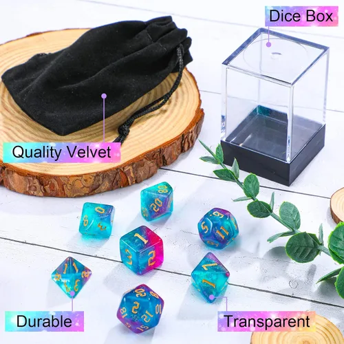 Vista 4 de Juego de dados D20 de resina translúcida de colores poliédricos con caja de dados y bolsa de organza gigante D4 D6 D8 D10 D12 D20 juego de dados