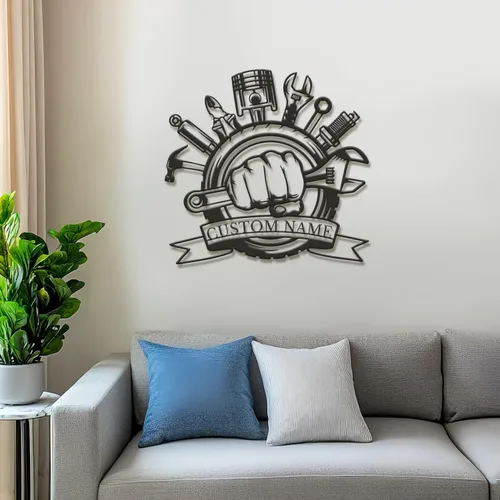 Vista 5 de Letrero de metal personalizado para garaje, arte de pared de taller personalizado, decoración mecánica para hombres, día del padre para los amantes