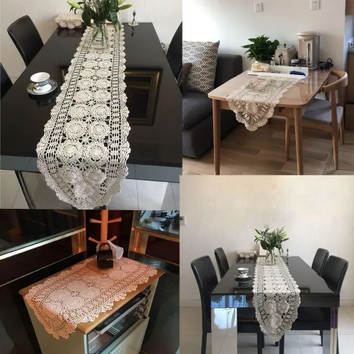 Vista 2 de KEPSWET Camino de mesa ovalado de encaje de ganchillo hecho a mano de algodón para mesa de café, mesa de café, soporte de TV, decoración beige 14 x