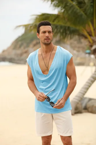 Vista 5 de PASLTER Camisetas sin mangas para hombre, con cuello vuelto, sueltas, casuales, para verano, playa, básicas, sin mangas