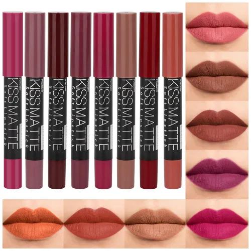 Vista 15 de evpct 3 piezas de lápiz crayón delineador de labios mate metálico rosa natural ligera y lápiz labial Set de larga duración impermeable que coincide