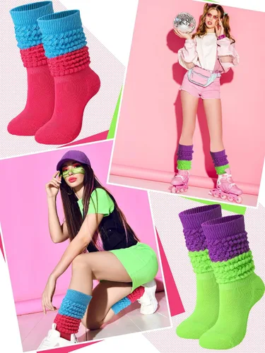 Vista 3 de Janmercy 4 Pairs Slouch Socks for Women Bulk Stacked Boot 80s 90s Neon Slouch Knit Scrunchie Socks