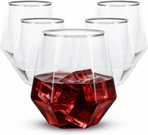 Vista 11 de LUODA Juego de 24 copas de vino de plástico con forma de diamante dorado, desechables, de 12 onzas, para cumpleaños, inauguración de la casa y bodas