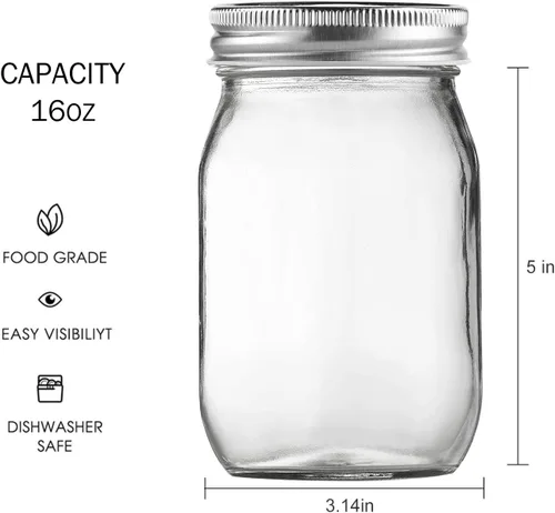 Vista 10 de BEWAVE Frascos de vidrio Mason, frascos de vidrio transparentes de 16 oz con tapas para sellar, frascos de boca normal para enlatado de alimentos