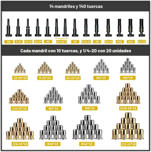 Vista 3 de IMQUALI Kit de Herramienta de Tuerca Remachadora, Kit de Herramienta Rivnut de 16", Kit de Herramienta Rivnut con 14 Mandriles Métricos y SAE, Kit