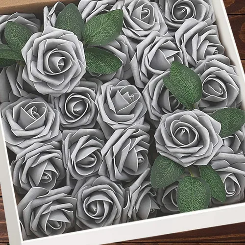 Vista 19 de Higfra Flores artificiales, 25 unidades, rosas falsas de espuma negra de aspecto real con tallos para ramos de boda, centros de mesa de despedida