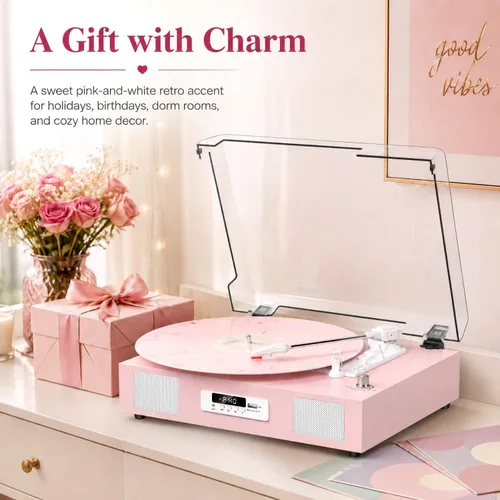 Vista 6 de Vinyl Record Player with Stereo Speakers Turntable USB Recording, Pink,Built-in Speakers, 3-Speed Belt Drive, RCA Line-Out AUX-in, Auto Stop