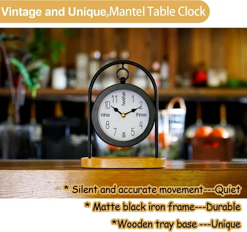 Vista 3 de Reloj de escritorio de metal negro con base de madera, reloj de mesa decorativo para sala de estar, relojes de repisa silenciosos, decoración