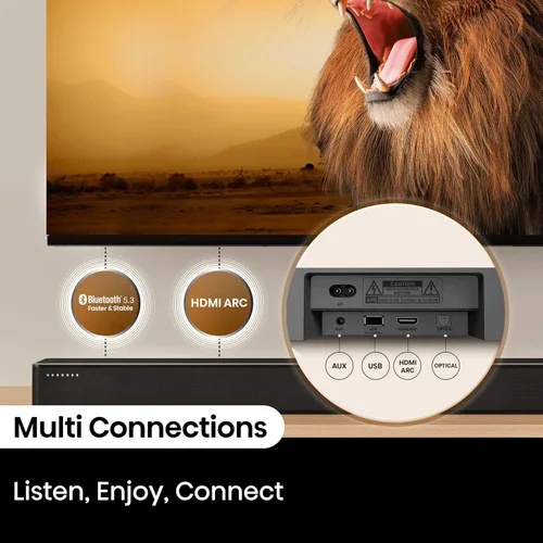 Vista 9 de Hisense HS2100 - Barra de sonido de 2.1 canales con subwoofer inalámbrico, Dolby Audio, DTS Virtual:X, HDMI ARC, Bluetooth 5.3, control remoto, 6