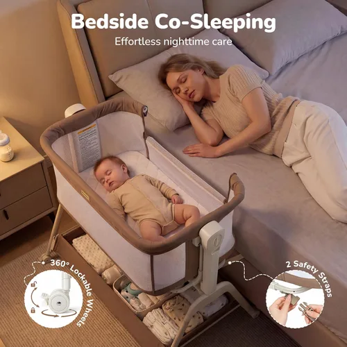 Vista 4 de Ezebaby Rocking Baby Bassinet Bedside Sleeper: 3-in-1 Bedside Bassinet for Baby - Breathable Full-Mesh Crib with Mattress 6 Height Adjustable with