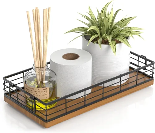 Vista 11 de Cesta de papel higiénico de acacia, bandeja de 13 pulgadas para almacenamiento de artículos de aseo en la parte superior del inodoro, organizador