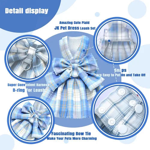 Vista 7 de PETCARE Vestido de Perro a Cuadros con Corbata de Moño y Arnés Set de Correa para Perros Pequeños, Gatos, Niñas, Lindos Vestidos de Princesa