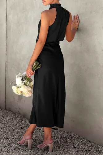 Vista 3 de PRETTYGARDEN Vestido de satén de verano 2024 para mujer, elegante, sin mangas, con cuello alto falso, para cóctel, fiesta, maxi vestidos