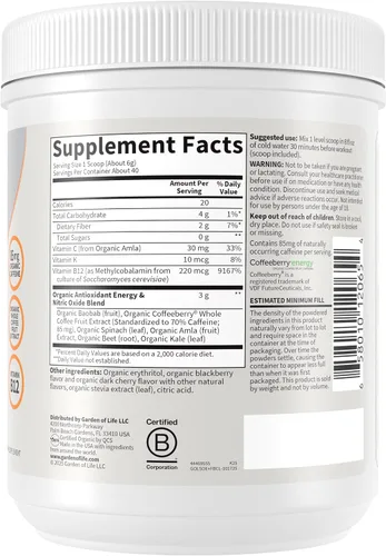 Vista 6 de Garden of Life Sport - Polvo orgánico a base de plantas Energy + Focus para antes de entrenar, sabor zarzamora. Preentrenamiento limpio con 3 oz