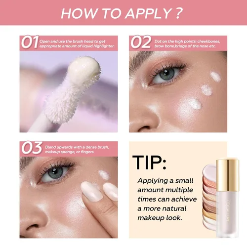 Vista 6 de FOCALLURE Resaltador líquido brillante, fórmula crema suave y acabado no graso, ofrece un brillo natural, iluminador de larga duración, maquillaje
