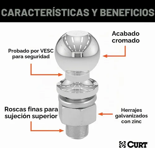 Vista 3 de CURT 40003 Bola de enganche cromada para remolque, 3,500 libras, diámetro de 2 pulgadas, vástago de 3/4 x 1-3/4 pulgadas, ajuste universal