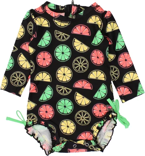 Vista 34 de RuffleButts - Traje de baño de una pieza con protección solar UPF 50+, camiseta de protección floral estampado, manga larga, con cierre zipper