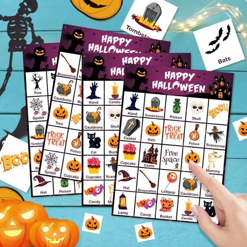 Vista 3 de V-Opitos Tarjeta de juego de bingo de Halloween para niños y adultos, 36 jugadores, juego de Halloween para familia/aula escolar, grupo grande