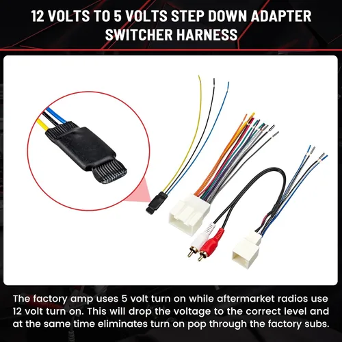 Vista 2 de RED WOLF Arnés de cableado de radio RCA Plug con kit de convertidor reductor reductor de 12 V a 5 V para Ford Mustang Explorer 2000-2004, Lincoln