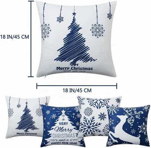 Vista 4 de Juego de 4 fundas de almohada de Navidad de 18 x 18 pulgadas, fundas de almohada de Navidad azul marino, copos de nieve, fundas de almohada de Feliz