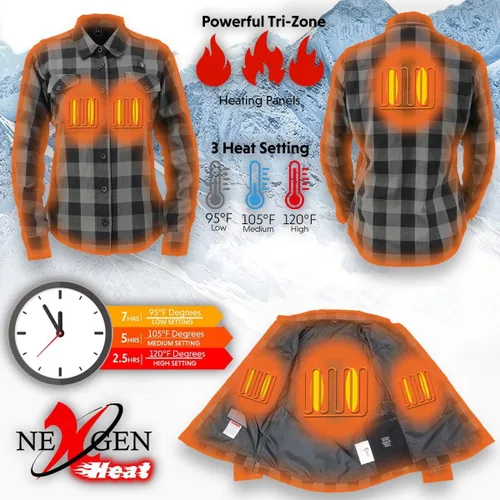 Vista 4 de Nexgen Heat NXL2601SET 'Bonnie' - Camisa de manga de franela calefactada negra y gris para actividades al aire libre con batería