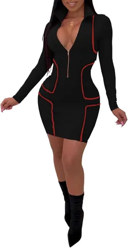 Vista 6 de PerZeal Vestido corto sexy ajustado para mujer, con cremallera frontal, cuello en V profundo, manga larga, club, fiesta, vestido corto