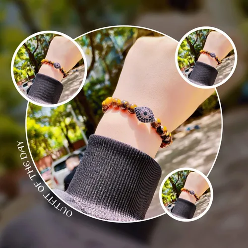 Vista 3 de Pulsera contra el mal de ojo para mujer, pulsera elástica con cuentas de ojo de tigre de 0.315 in para protección y bendición