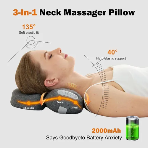 Vista 9 de 4D Kneading Shiatsu Neck and Shoulder Massager with Heat Cordless 2000mAh Rechargeable Memory Foam Massage Pillow, 4 Rotating Nodes, Low Noise, for