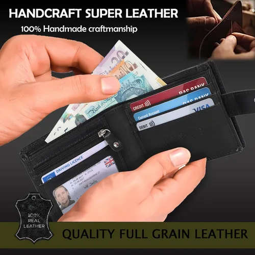 Vista 4 de STARHIDE Cartera de cuero real con cierre RFID para hombre, 1180 Negro