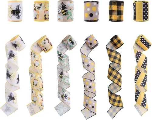 Vista 2 de 6 rollos de cinta de abeja de 30 yardas, cinta de borde con cable, cinta de miel para envoltura de manualidades de primavera y verano, rayas de 2.5