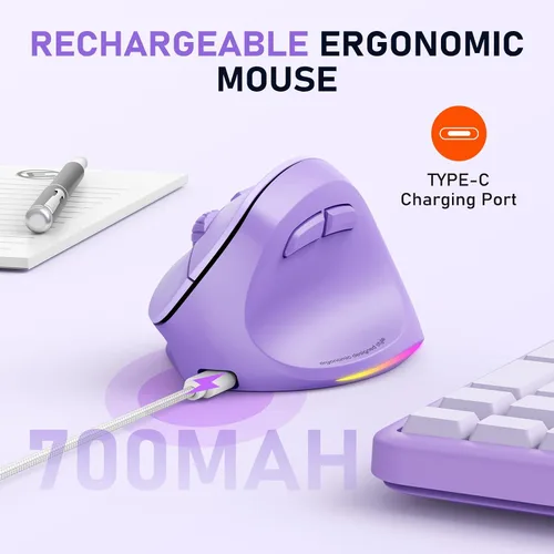Vista 7 de MEETION Ratón ergonómico, mouse vertical inalámbrico con retroiluminación RGB, mouse recargable para Bluetooth (5.2 + 3.0) y USB-A con adaptador