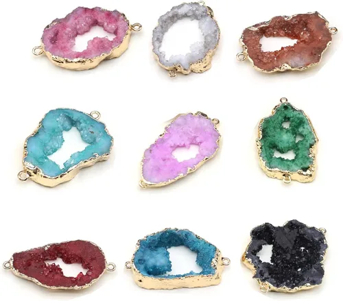 Vista 11 de LE SKY Conectores de piedra natural coloridos irregulares druzy geoda ágata borde dorado encanto de enlace de piedra para hacer joyas collar
