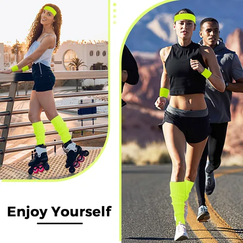 Vista 2 de Buauty Women's Neon Leg Warmers 80s 90s Party Costume Accessories Set Running Headband, Wristbands, and Knit Sport Outfit