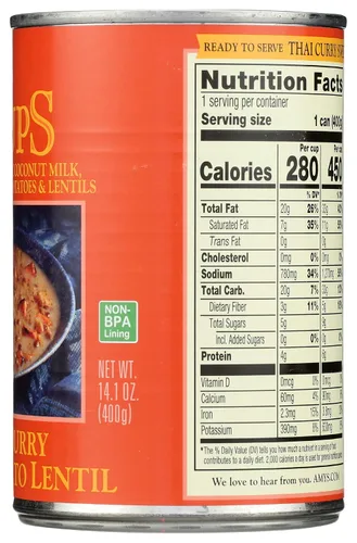 Vista 5 de Amy's Sopa, sopa de lentejas de camote y curry tailandés, vegano, 14.1 onzas
