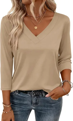 Vista 19 de Zeagoo Camisetas de manga 3/4 para mujer, cuello en V, blusa casual elegante, camisetas básicas 2026, ropa de moda S-2XL