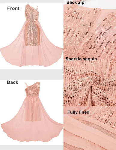 Vista 4 de GRACE KARIN Vestido de lentejuelas para niñas, vestido de fiesta de cumpleaños de un hombro, vestidos de graduación 6-14 años