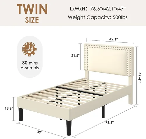 Vista 2 de VECELO Base de cama de plataforma de tamaño individual con cabecera tapizada de altura ajustable, base de colchón moderna, soporte de listones