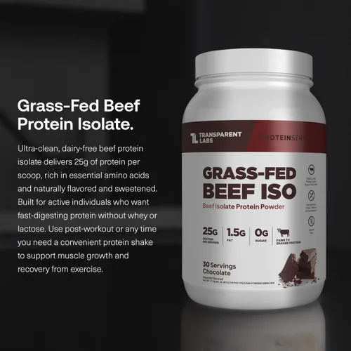 Vista 2 de Transparent Labs Aislado de Proteína de Vacuno Alimentado con Hierba en Polvo – Proteína con Sabor Natural, Libre de Lácteos con 25 g de Proteína
