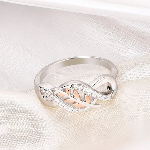 Vista 5 de JO WISDOM Anillo de plata de ley 925 con nudo infinito y hoja de oro rosa con circonita cúbica