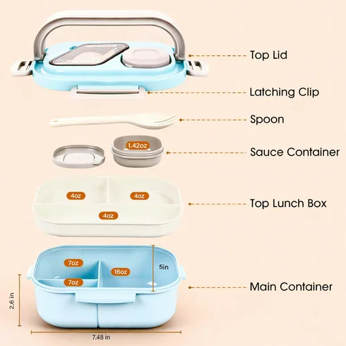 Vista 3 de PEDECO - Caja Bento azul con bolsa, apilable de 2 niveles con utensilios y caja de salsa 3 compartments prevent food mixing,Portable sauce pod