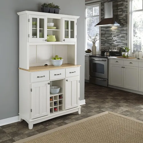 Vista 28 de Homestyles Buffet de Buffets Servidor Blanco Roto con Hutch y Tapa de Madera Natural