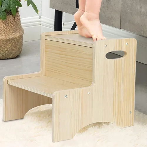 Vista 8 de WOOD CITY Taburete escalonado para niños, taburete escalonado de madera para niños pequeños con alfombrillas antideslizantes de seguridad y asas