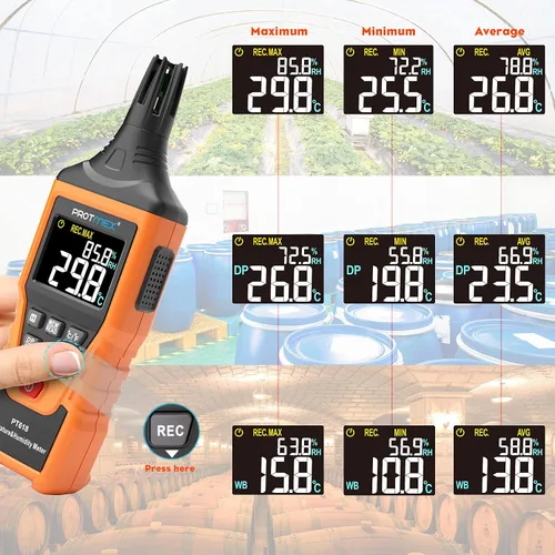 Vista 4 de PT618 Medidor de Temperatura y Humedad, Termómetro Higrómetro con Ambiente, Punto de Rocío, Bulbo Húmedo para Interior/Exterior MÍN, MÁX, Retención
