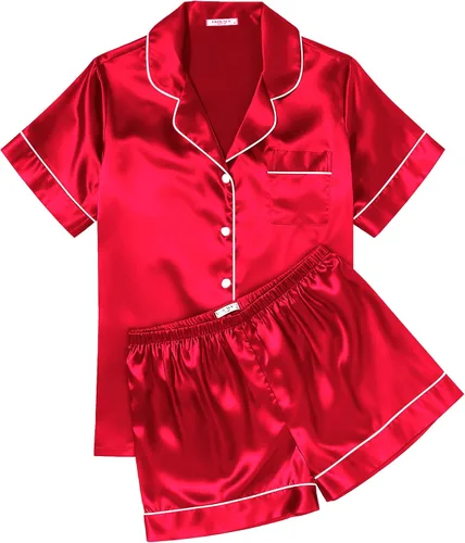 Vista 7 de Ekouaer Conjunto de pijama de satén de seda para mujer, suave, de manga corta, con botones, ropa para dormir, camiseta y pantalones cortos, juego