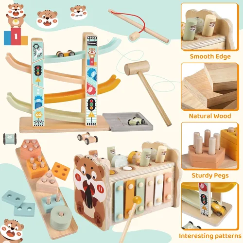 Vista 13 de Juguetes de madera Montessori para niños pequeños de 1 a 3 años, juguete de martillado y golpeo para bebés con xilófono y juego de pesca, pista